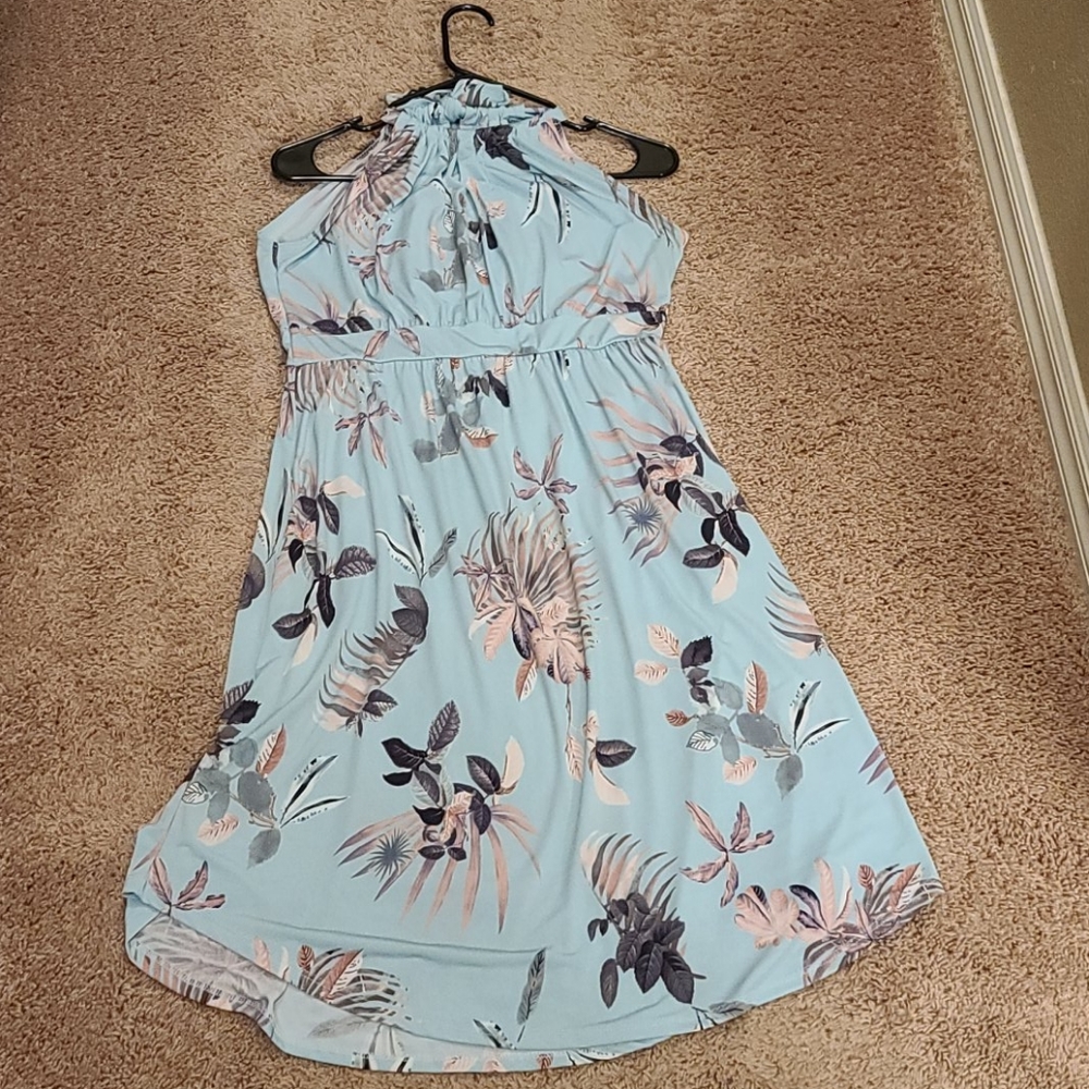 Light Blue Tropical Print Halter Midi Dress
